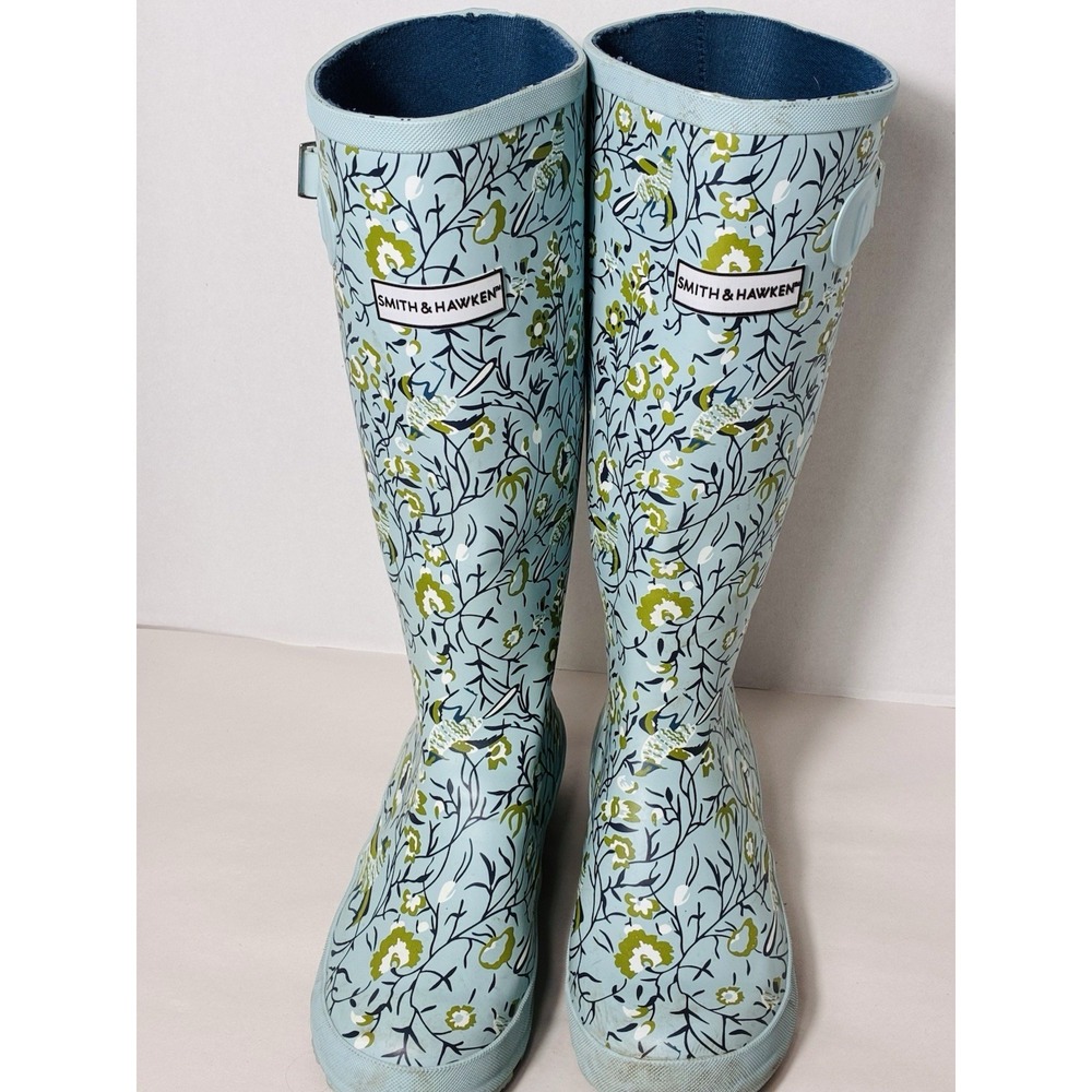 Smith & Hawken Women's Floral Rain Muck Boots Size 7 Blue Outdoor Farm Pull On